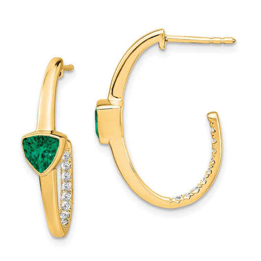 14k Yellow Gold Trillion Created Emerald and Real Diamond J-hoop Earrings EM7216-EM-018-YA