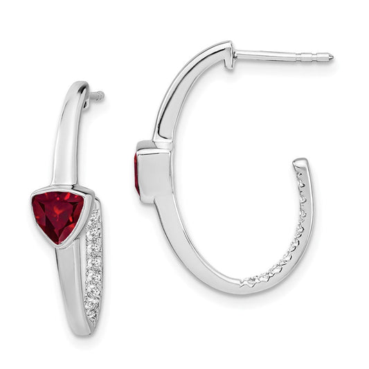14k White Gold Trillion Created Ruby and Real Diamond J-hoop Earrings EM7216-RU-018-WA