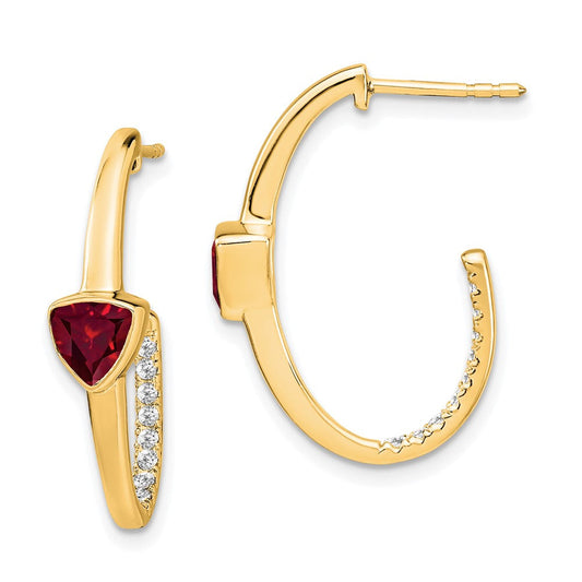 14k Yellow Gold Trillion Created Ruby and Real Diamond J-hoop Earrings EM7216-RU-018-YA