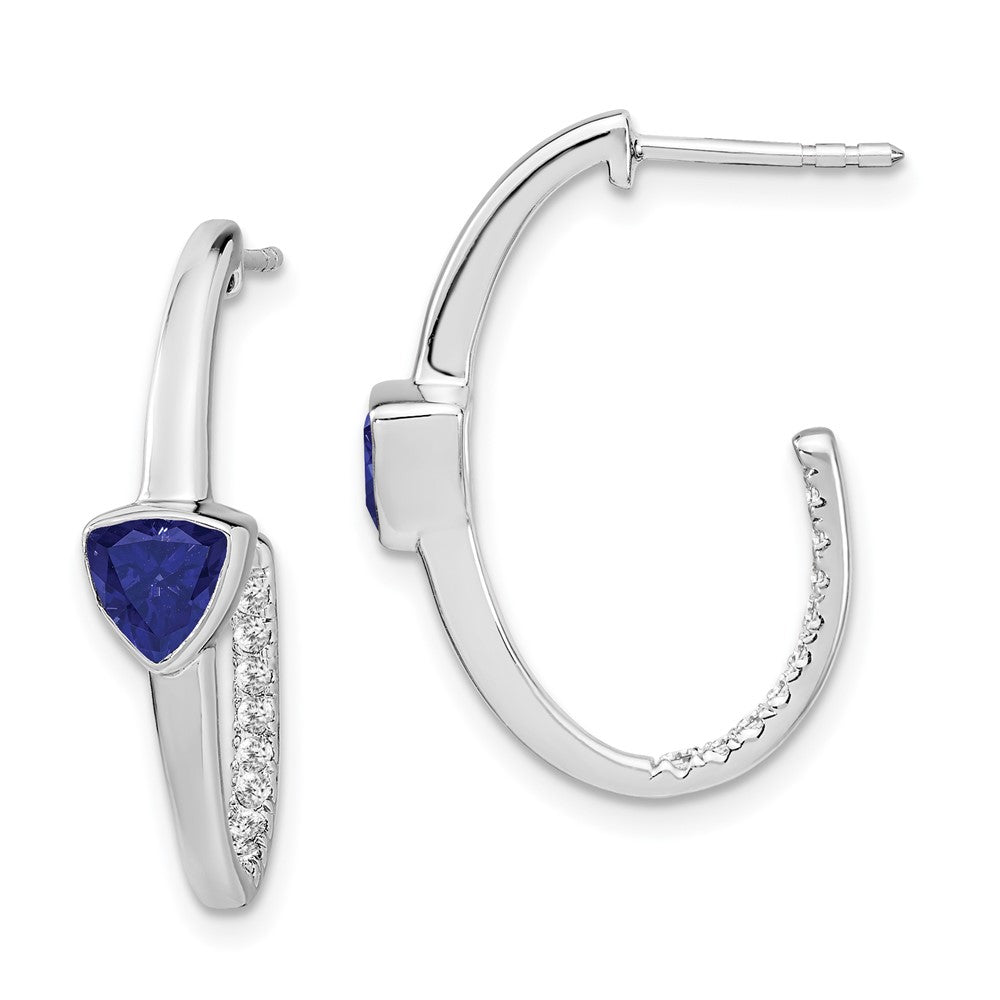 14k White Gold Trillion Created Sapphire/Real Diamond J-hoop Earrings EM7216-SA-018-WA