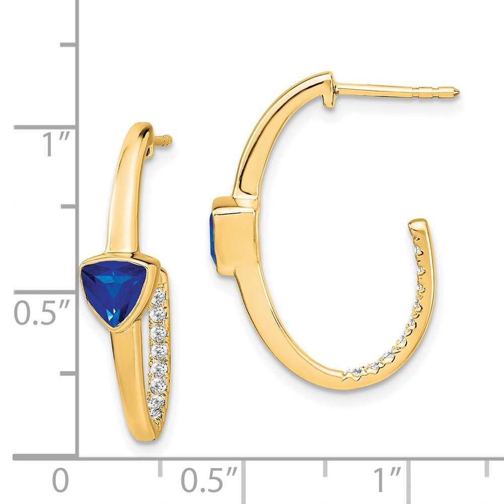 Solid 14k Yellow Gold Trillion Created Simulated Sapphire and CZ J-hoop Earrings