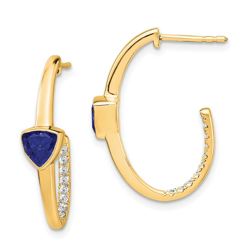 14k Yellow Gold Trillion Created Sapphire and Real Diamond J-hoop Earrings EM7216-SA-018-YA