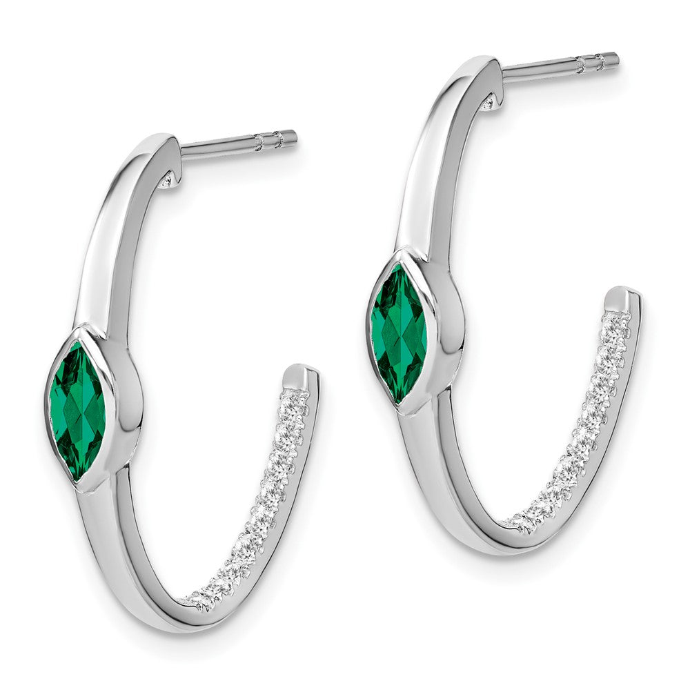 Solid 14k White Gold Marquise Created Simulated Emerald Simulated/Simulated CZ J-hoop Earrings