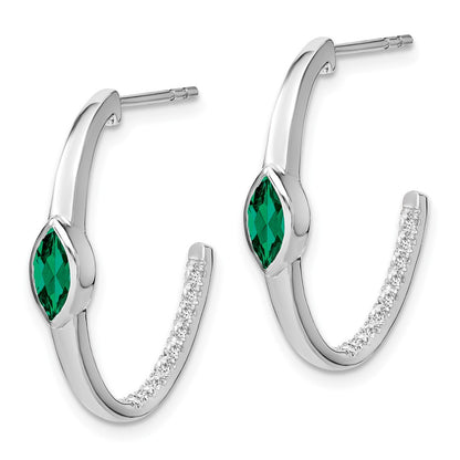 Solid 14k White Gold Marquise Created Simulated Emerald Simulated/Simulated CZ J-hoop Earrings