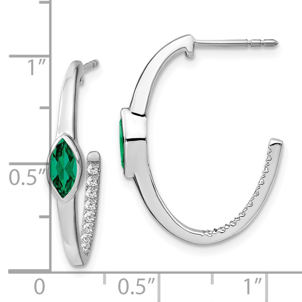 Solid 14k White Gold Marquise Created Simulated Emerald Simulated/Simulated CZ J-hoop Earrings