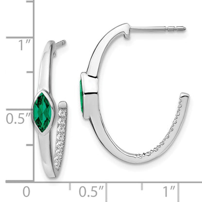 Solid 14k White Gold Marquise Created Simulated Emerald Simulated/Simulated CZ J-hoop Earrings