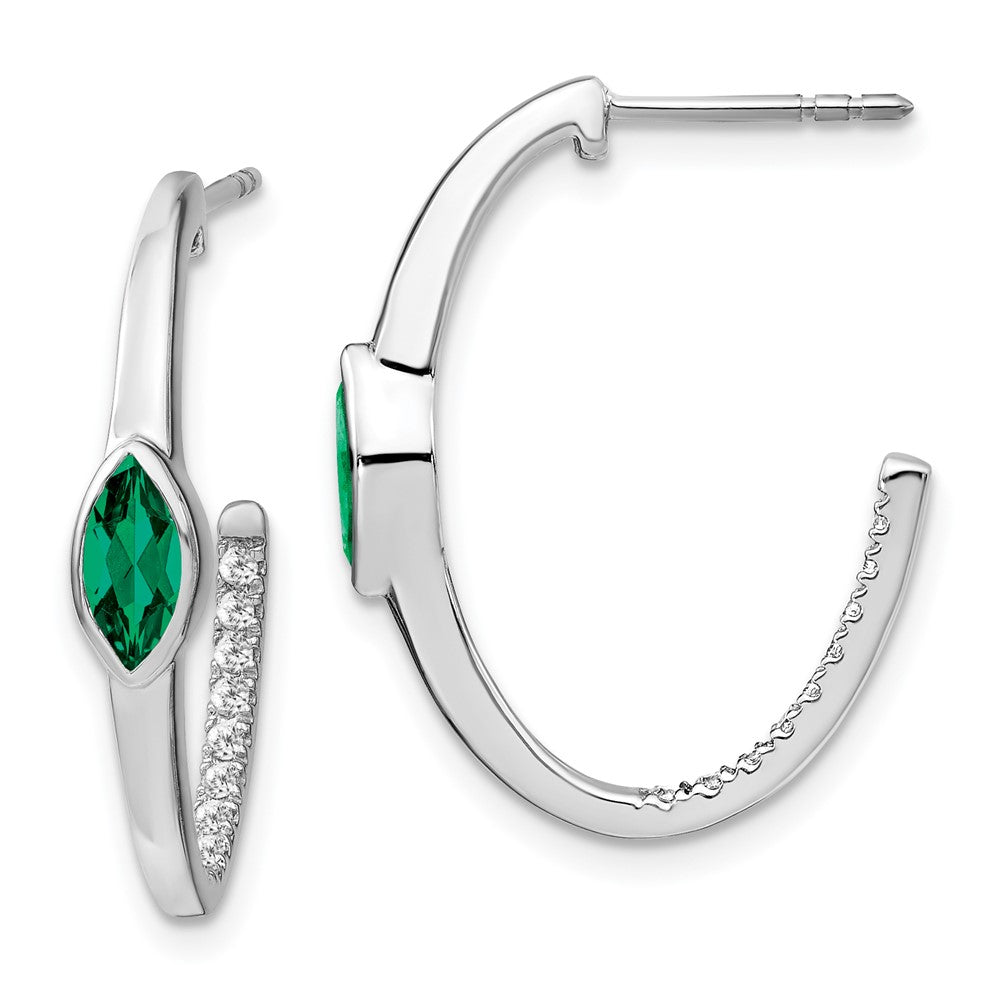 Solid 14k White Gold Marquise Created Simulated Emerald Simulated/Simulated CZ J-hoop Earrings