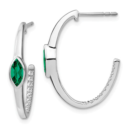 Solid 14k White Gold Marquise Created Simulated Emerald Simulated/Simulated CZ J-hoop Earrings
