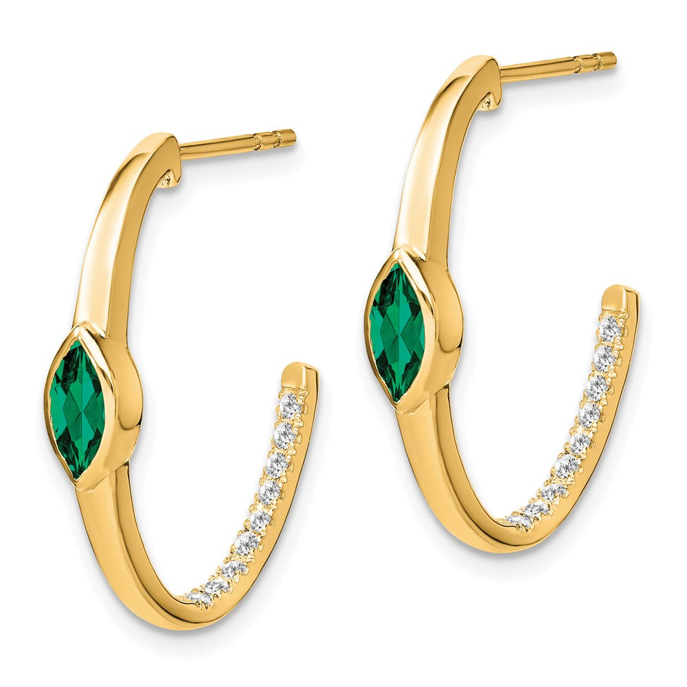 Solid 14k Yellow Gold Marquise Created Simulated Emerald and CZ J-hoop Earrings