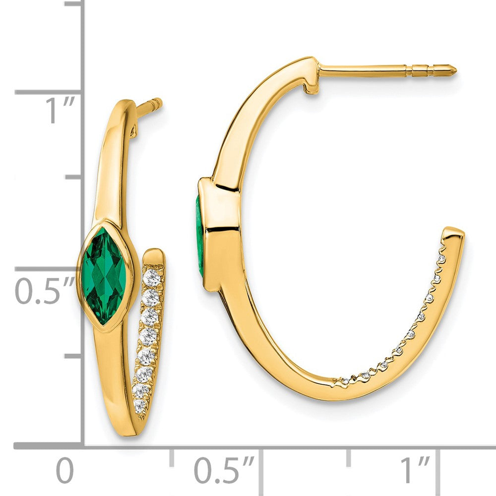 Solid 14k Yellow Gold Marquise Created Simulated Emerald and CZ J-hoop Earrings