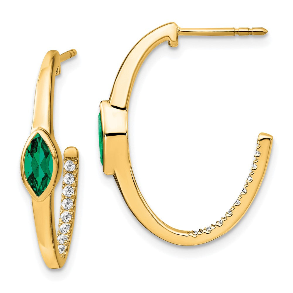 Solid 14k Yellow Gold Marquise Created Simulated Emerald and CZ J-hoop Earrings