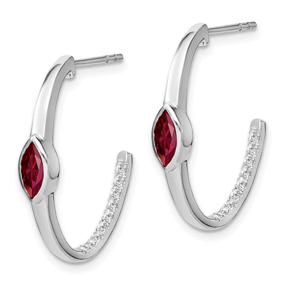 Solid 14k White Gold Marquise Created Simulated Ruby Simulated/Simulated CZ J-hoop Earrings