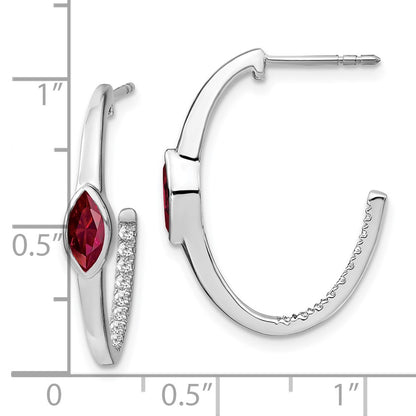 Solid 14k White Gold Marquise Created Simulated Ruby Simulated/Simulated CZ J-hoop Earrings
