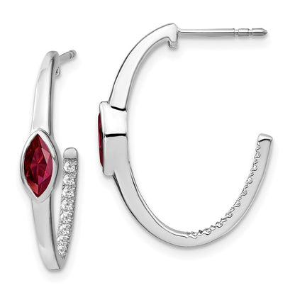 Solid 14k White Gold Marquise Created Simulated Ruby Simulated/Simulated CZ J-hoop Earrings