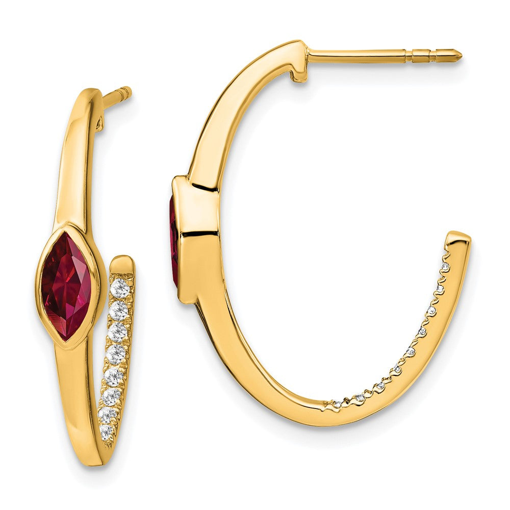 14k Yellow Gold Marquise Created Ruby and Real Diamond J-hoop Earrings EM7217-RU-018-YA