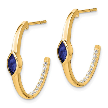 Solid 14k Yellow Gold Marquise Created Simulated Sapphire and CZ J-hoop Earrings