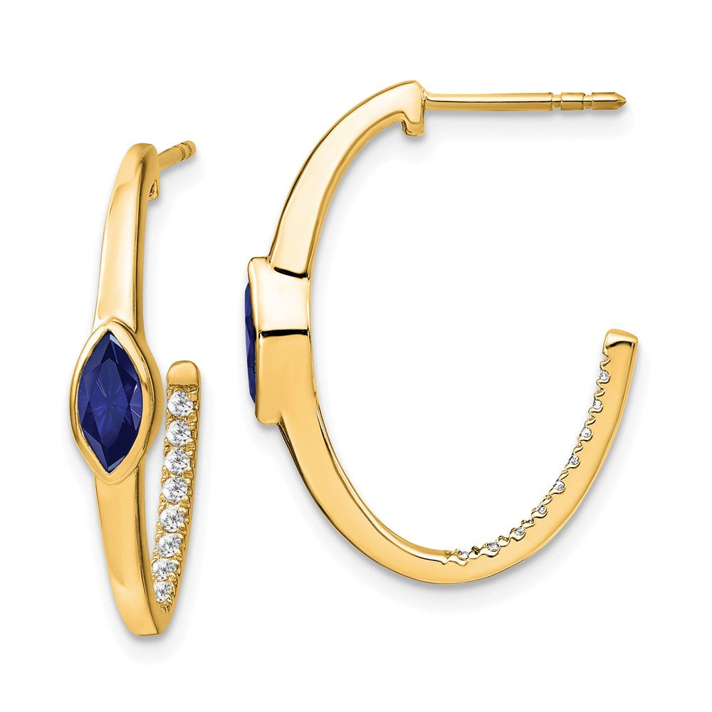 14k Yellow Gold Marquise Created Sapphire and Real Diamond J-hoop Earrings EM7217-SA-018-YA