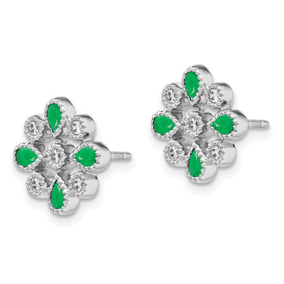Solid 14k White Gold Simulated Emerald and CZ Post Earrings