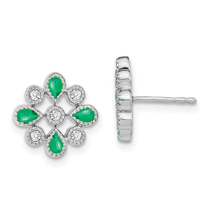 Solid 14k White Gold Simulated Emerald and CZ Post Earrings