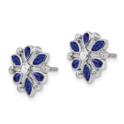 Solid 14k White Gold Simulated Sapphire and CZ Post Earrings