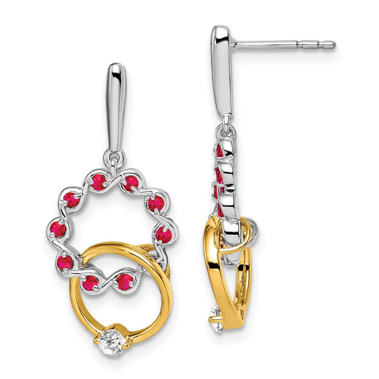 Solid 14k Two-tone Simulated Ruby and CZ Earrings