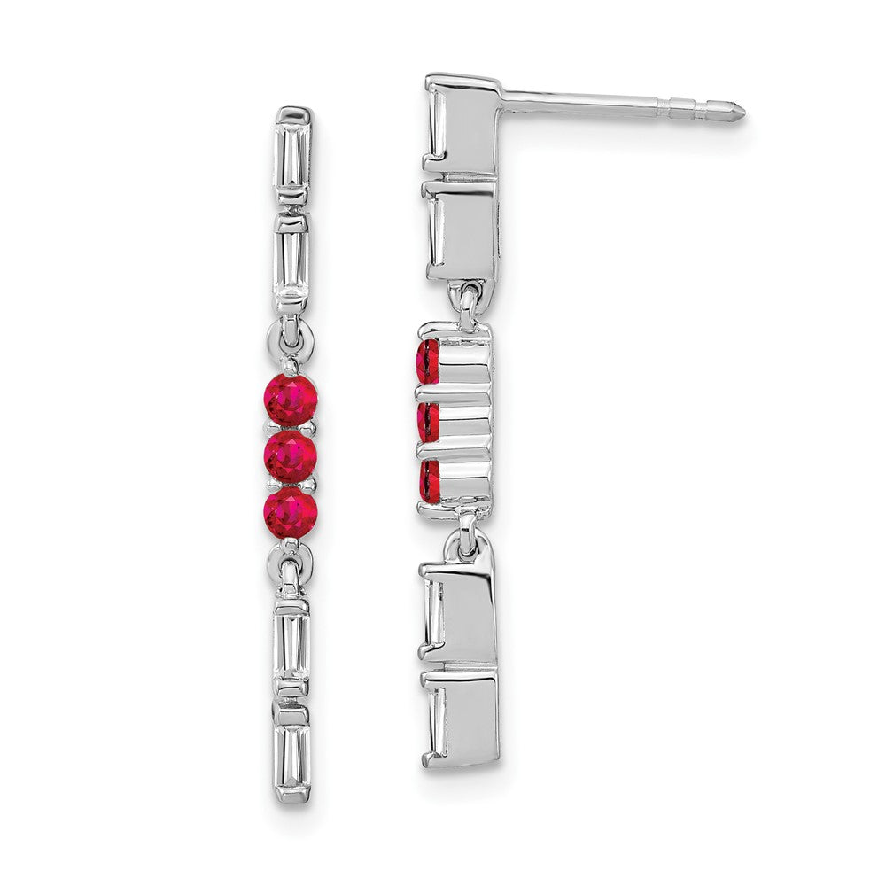 Solid 14k White Gold Simulated Ruby and CZ Dangle Earrings