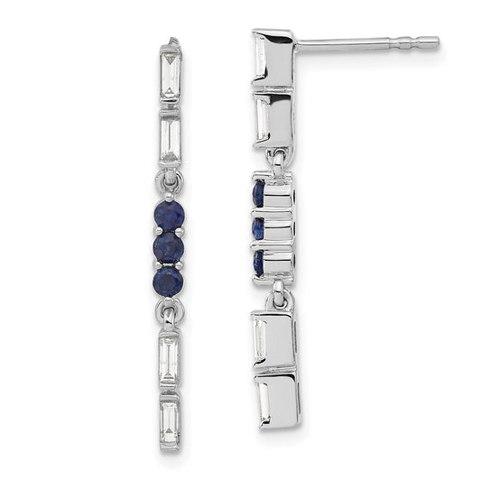 Solid 14k White Gold Simulated Sapphire and CZ Dangle Earrings