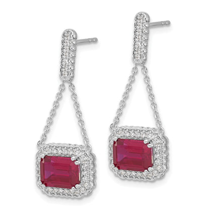 Solid 14k White Gold Created Simulated Ruby and CZ Dangle Earrings