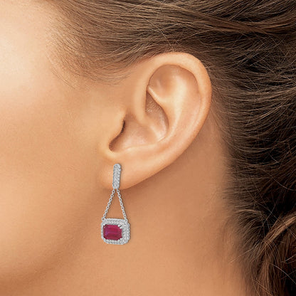 Solid 14k White Gold Created Simulated Ruby and CZ Dangle Earrings