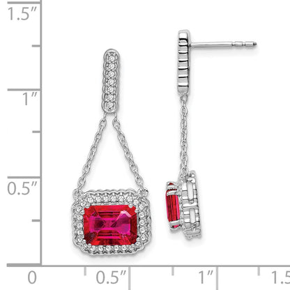Solid 14k White Gold Created Simulated Ruby and CZ Dangle Earrings