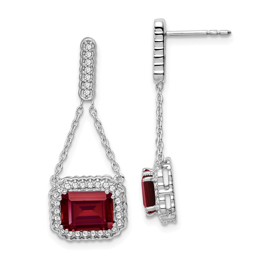 Solid 14k White Gold Created Simulated Ruby and CZ Dangle Earrings
