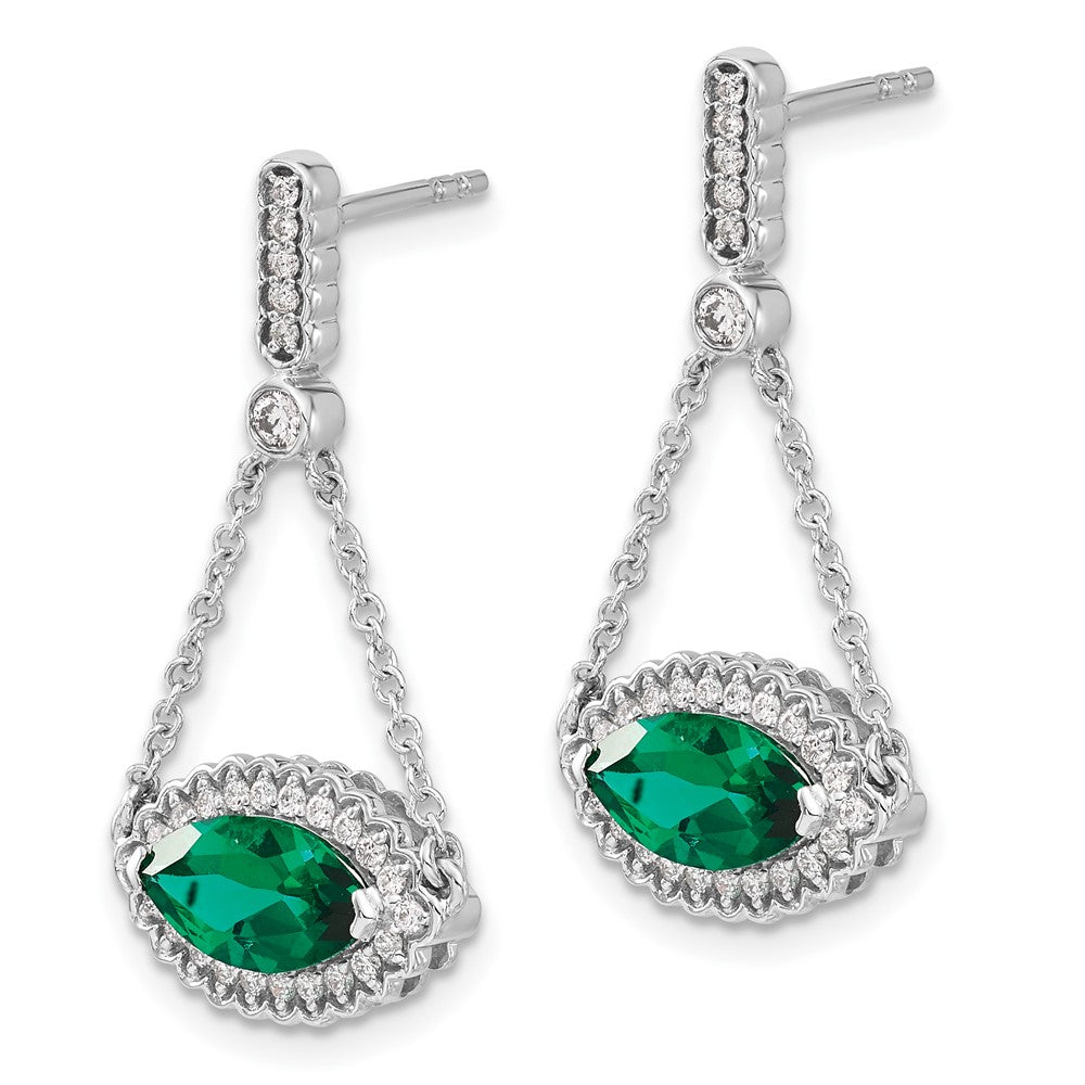 Solid 14k White Gold Marquise Created Simulated Emerald and CZ Earrings