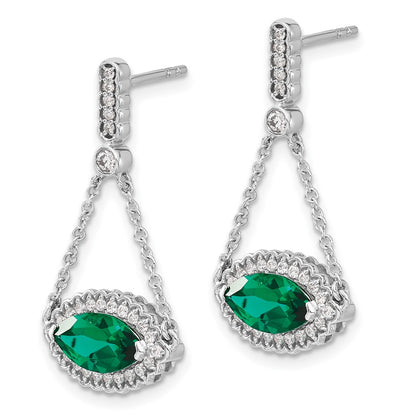 Solid 14k White Gold Marquise Created Simulated Emerald and CZ Earrings