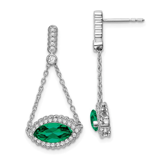 Solid 14k White Gold Marquise Created Simulated Emerald and CZ Earrings