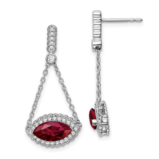 Solid 14k White Gold Marquise Created Simulated Ruby and CZ Earrings