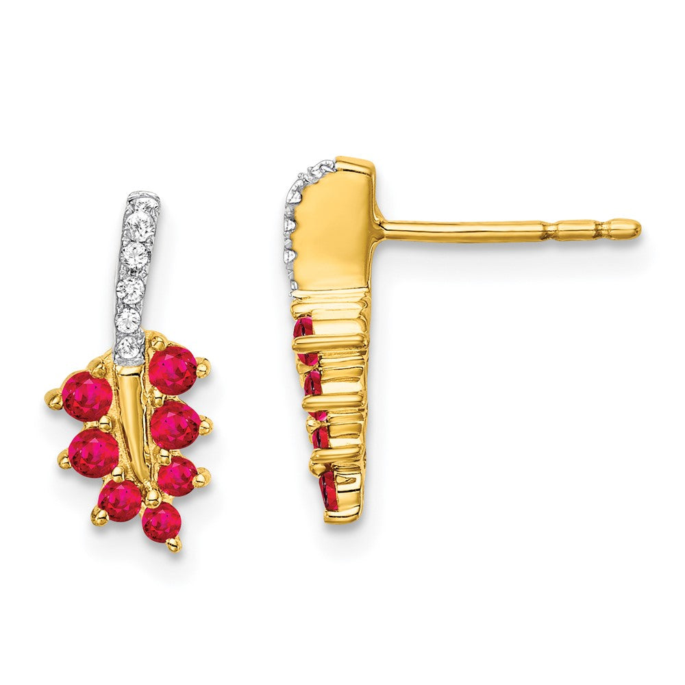 14k Yellow Gold Ruby and Real Diamond Leaf Earrings EM7248-RU-006-YA
