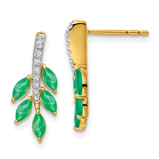 14k Yellow Gold Emerald and Real Diamond Leaf Earrings EM7249-EM-011-YA