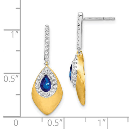 Solid 14k Two-tone Simulated Sapphire and CZ Dangle Earrings
