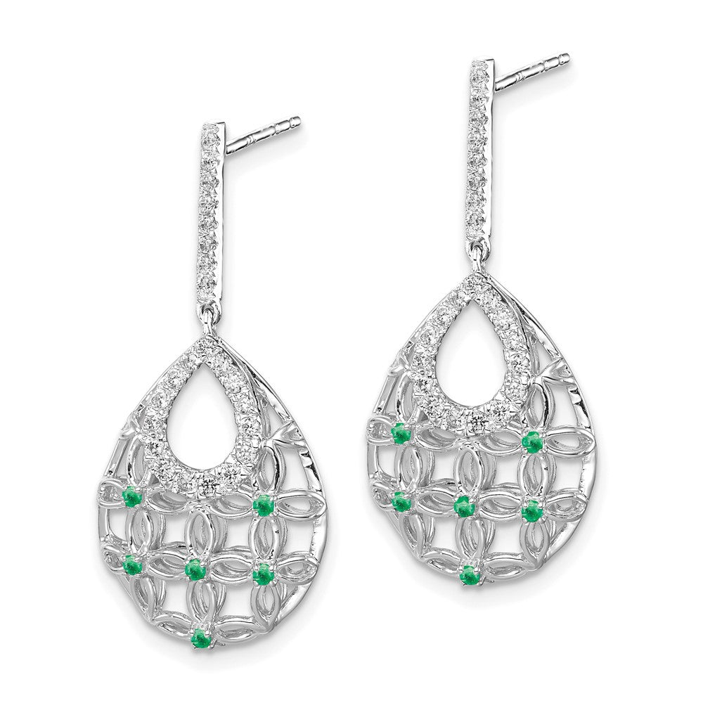 Solid 14k White Gold Simulated Emerald and CZ Dangle Earrings