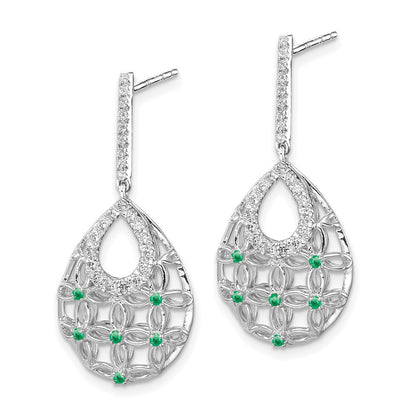 Solid 14k White Gold Simulated Emerald and CZ Dangle Earrings