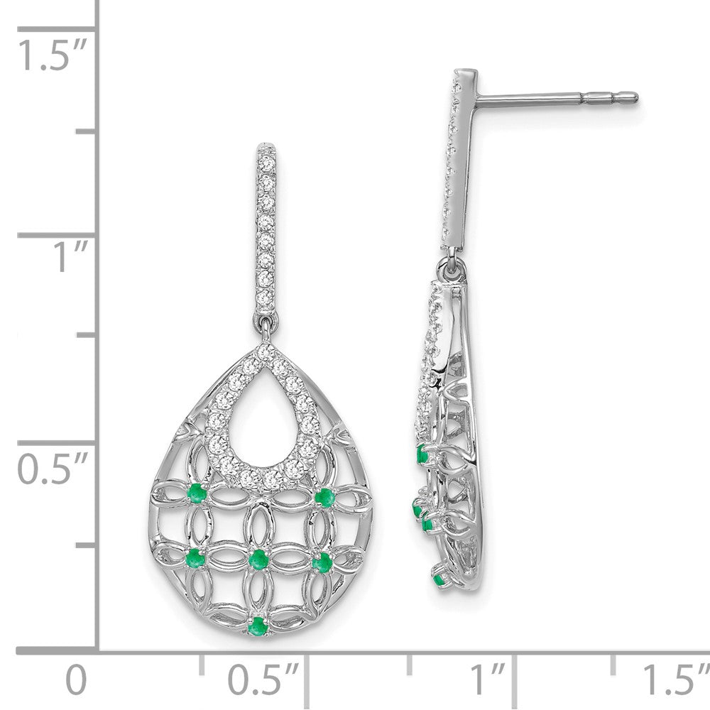 Solid 14k White Gold Simulated Emerald and CZ Dangle Earrings