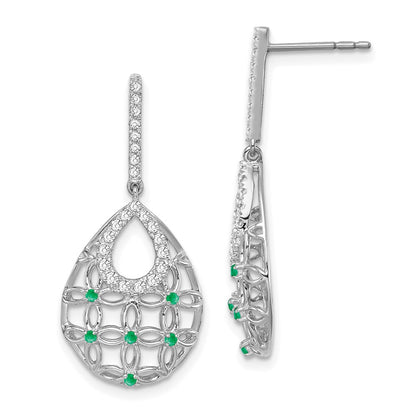Solid 14k White Gold Simulated Emerald and CZ Dangle Earrings