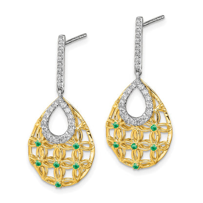 Solid 14k Yellow Gold Simulated Emerald and CZ Dangle Earrings
