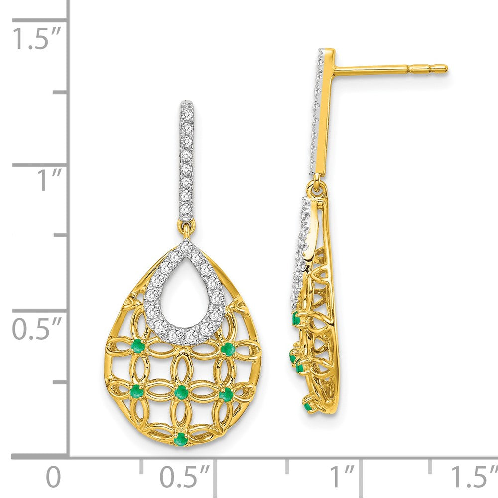 Solid 14k Yellow Gold Simulated Emerald and CZ Dangle Earrings