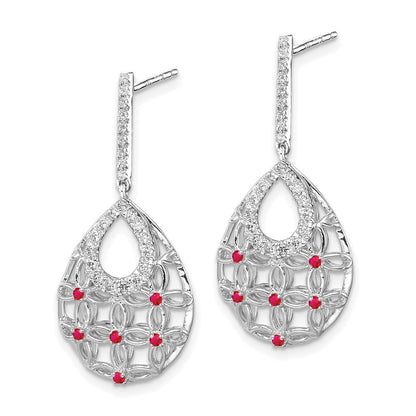 Solid 14k White Gold Simulated Ruby and CZ Dangle Earrings