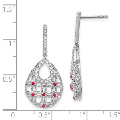 Solid 14k White Gold Simulated Ruby and CZ Dangle Earrings