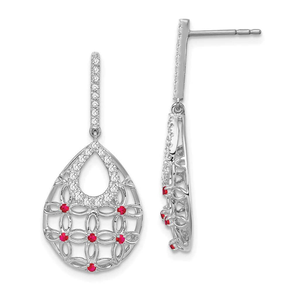 Solid 14k White Gold Simulated Ruby and CZ Dangle Earrings