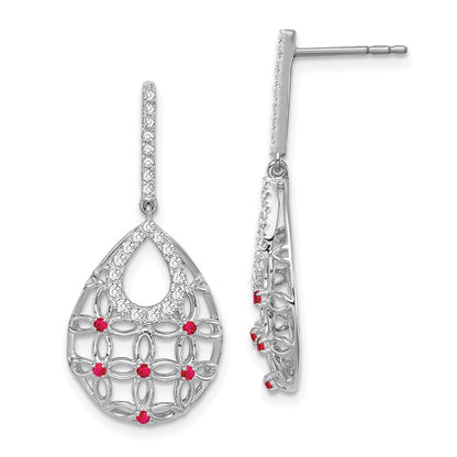 Solid 14k White Gold Simulated Ruby and CZ Dangle Earrings
