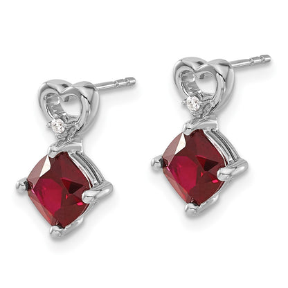 Solid 14k White Gold Created Simulated Ruby and CZ Heart Earrings