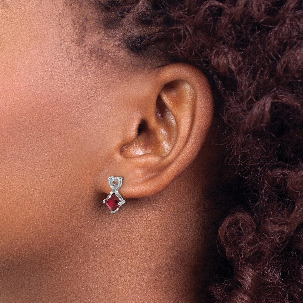 Solid 14k White Gold Created Simulated Ruby and CZ Heart Earrings